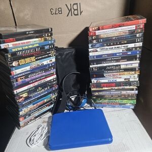 Blue Portable DVD Player with Headphones and Multi-Movie DVD Collection